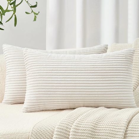 Housse Coussin 40x60 Decoratif en Velours Côtelé avec Fermeture Eclair Caché Taie Oreiller Super Doux pour Décoration Coussin Canape Salon Jardin Fauteuil Lit, Beige Blanc, Lot de 2 (1/5)