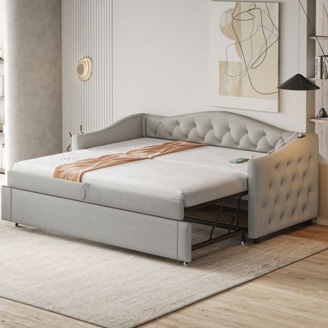 Canapé-lit gigogne capitonné 90x200, port USB, classique à boutons, sommier lattes, tissu lin Lit Simple, gris (sans Matelas) (1/5)
