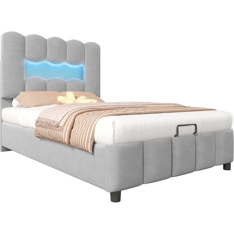 Lit rembourré 90 x 200 cm avec coffre hydraulique, tête de lit réglable, LED multicolore et velours gris, sans matelas, pour chambre moderne – CHICFURN (1/5)