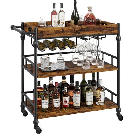 Chariot de bar 3 niveaux industriel – Étagère à vin, plateau amovible, roulettes pratiques – Rangement moderne, Marron (1/5)
