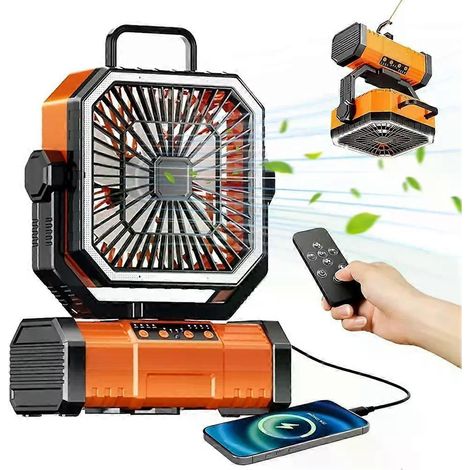 Akkubetriebener Campingventilator mit 20000 mAh Kapazität und 360° drehbarem Aufhängehaken für Angelzelte, Schreibtisch und als Deckenventilator. Wiederaufladbar. (1/4)