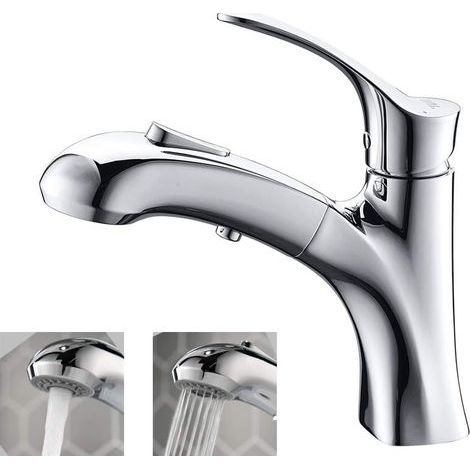 Mitigeur de lavabo Robinet Salle de Bain Avec Douchette Extractible Jets d’Eau Mitigeur Lavabo en Laiton Durable Robinetterie Vasque à Poser Chromé (1/5)