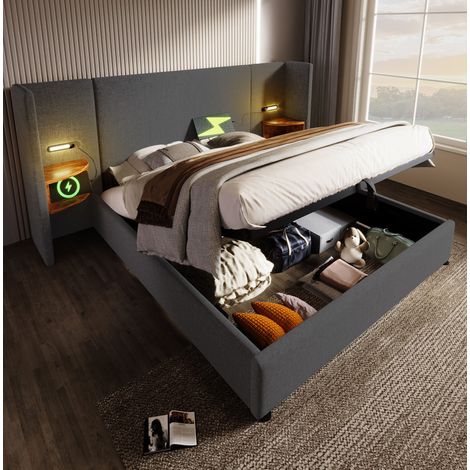DESVIAE Lit double rembourré 180 x 200 cm avec rangement tête de lit étagère en bois lampe de lecture USB Type C sommier à lattes bois massif métal gris (1/5)