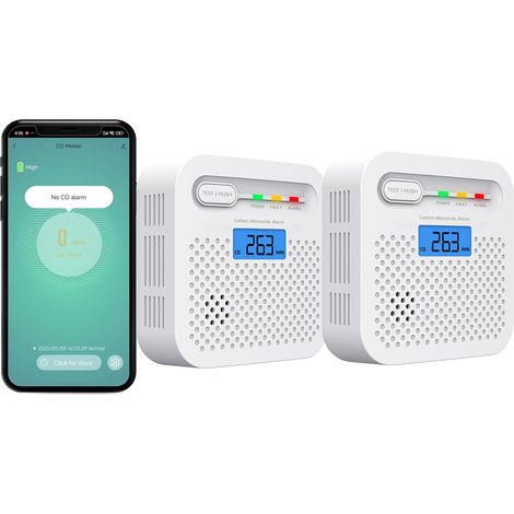Détecteur de CO WiFi 10 Ans Batterie - Alarme Monoxyde de Carbone avec Écran LCD, Notifications en Temps Réel - Maison, Bureau, Chambre, Camping-Car (Pack de 2) (1/5)