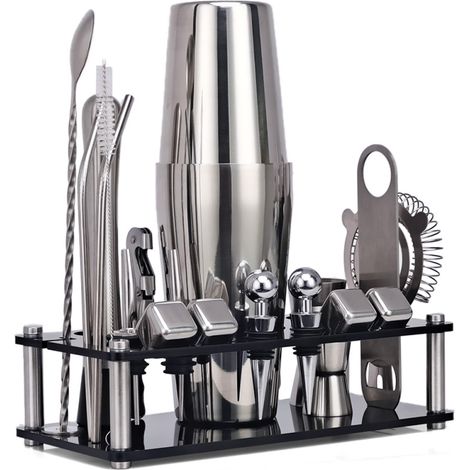 Juego de coctelería CG1238 de 21 piezas de acero inoxidable (304): coctelera, mortero, pinzas para hielo y piedra para whisky. Ideal para preparar cócteles. Regalo de cumpleaños. (1/5)