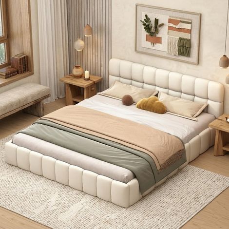 Lit Double capitonné 160x200 cm, à Bulles, avec sommier à Lattes et Dossier Souple, pour Adolescents, Plat, Cadre de lit, Lin, sans Matelas, Beige (1/5)