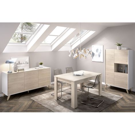 Composición de salón comedor con Mesa Extensible + Aparador Alto + Aparador 3 puertas, Blanco y Roble Natural - NESS 4