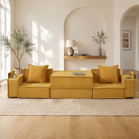 Canapé 2 places in chenille giallo senape 162 cm con 2 cuscini e tasche laterali (1/5)
