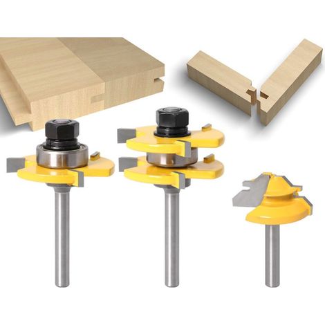 Ensemble de 3 outils pour le travail du bois : fraise à tenon à 45°, fraise à mortaiser et fraise à rainurer [8 mm].
