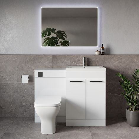 Napoli 390 Gloss White 1100mm 2 Door Vanity Unit Toilet Suite with Glide Basin - 1100mm - Gunmetal Grey 160mm HandleWith Kingston Toilet Pan and Seat