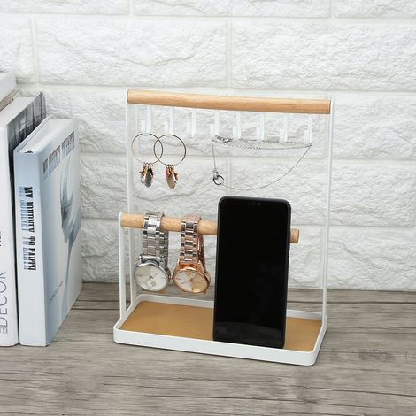 Présentoir bijoux métal moderne 2 niveaux, arbre à colliers et bracelets avec plateau, organiseur de comptoir (1/4)