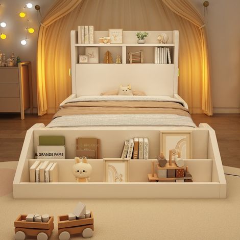 Letto singolo bambino 90x200 cm in legno con libreria estraibile, luci LED notturne, ripiani, contenitore e rete inclusi - colore bianco (1/5)