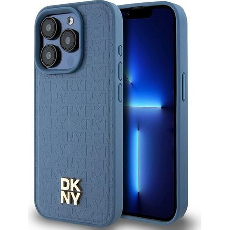 Funda rígida azul/azul para iPhone 15 Pro de DKNY DKHMP15LPSHRPSB, de cuero con estampado de monograma y logotipo metálico MagSafe. (1/5)