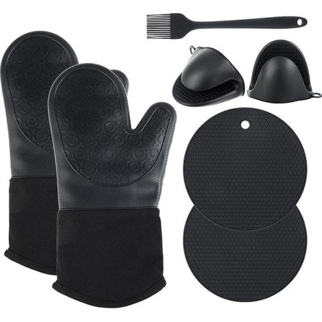 Guantes de cocina de silicona，resistentes al calor，paquete de 6 unidades，hornear y usar en el horno (negro) (1/2)