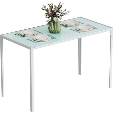Entretien Facile Table à Manger 4 Personnes Plateau Verre Trempé 6mm Pieds Métal Blanc 120x60x75cm (1/5)