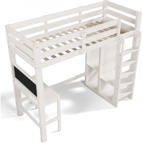 Hochbett Einzelbett mit Schreibtisch, Offenem Kleiderschrank und Regalen 90×200 cm, ohne Matratze, Holz Weiß (1/4)