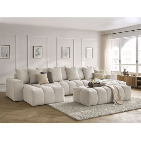 Bobochic – Canapé d'angle panoramique fixe MONT-BLANC – 6 places – Tissu chiné déperlant – Dimensions 440x172x97 cm – 9 coussins inclus (1/5)