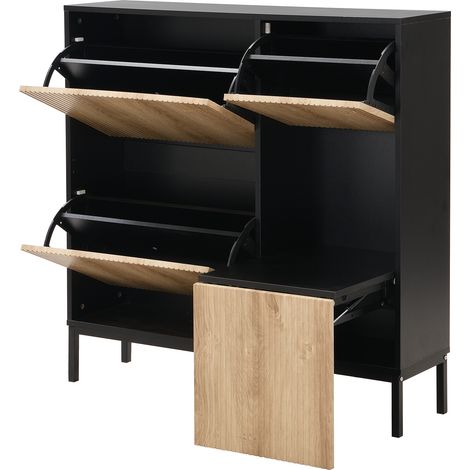 Zapatero con banco extraíble, 3 puertas abatibles y hueco abierto, MDF negro efecto madera (1/5)