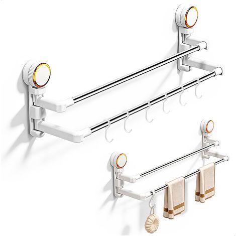 Porte Serviette Ventouse, Porte Serviette sans Percage, Porte Serviette Mural et 6 Crochets, Porte Serviette Salle de Bain sans Percage Longueur Réglable, pour Douche et Cuisine, Blanc (1/5)