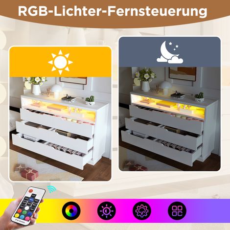 Buffet moderne avec éclairage LED intégré, 6 tiroirs spacieux, rangement à copeaux de marbre, meuble de salon ou chambre, dimensions 120x40x85 cm, finition blanche élégante (1/5)