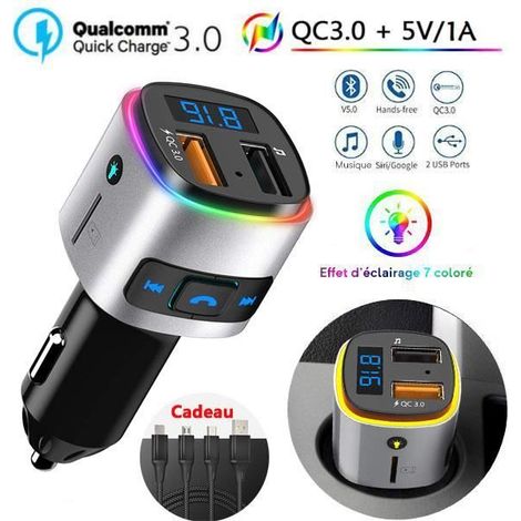 Transmetteur FM Bluetooth, QC3.0 FM Émetteur Main Libre Kit Bluetooth Adaptateur Radio Chargeur de Voiture, Lumière colorée (1/4)