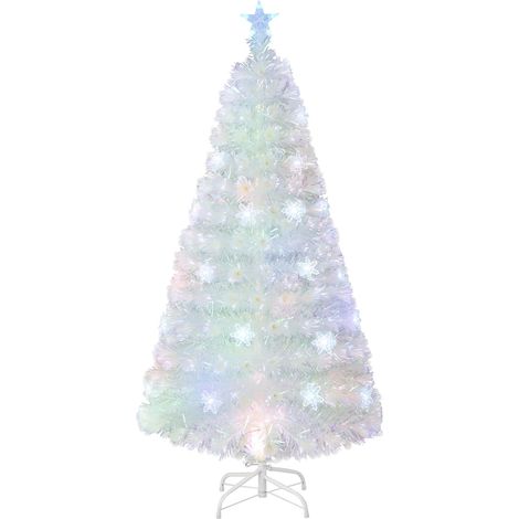 COSTWAY Albero di Natale Pre-illuminato in Fibra Ottica da 120/150/180cm, Albero di Natale Bianco con Foglie Iridescenti, Luci a LED a Fiocco di Neve Multicolore, Luce Superiore a Stella (120 CM) (1/4)