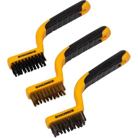 Roughneck 52010 3-Piece Set of Metal Brushes with Nylon, Stainless Steel, and Brass Bristles, Soft Handle, Ideal for Cleaning Small Surfaces