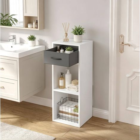 MEUBLIV Étagère de rangement sur pied blanc et gris avec tiroir en tissu et 2 niches (1/5)