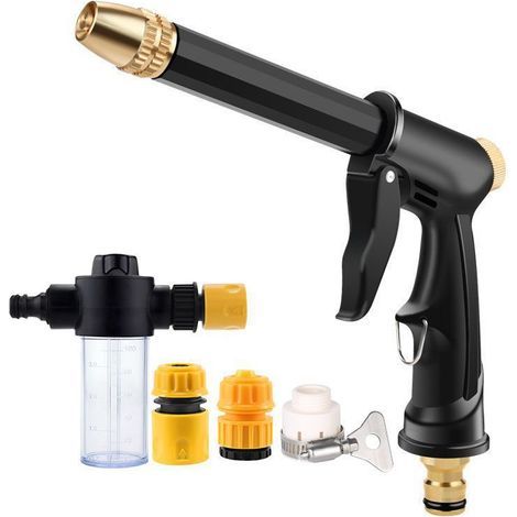 Punta per tubo da giardino con distributore di sapone e attacco rapido, pistola per lavaggio ad alta pressione in plastica, lavaggio auto esterno. (1/5)