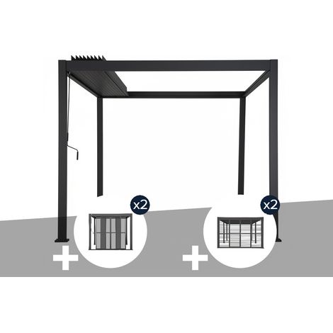 Pergola bioclimatique toit rétractable Evora Graphite - 4 x 3 m + 2 lots de portes coulissantes côté 3 m + 2 lots de 4 persiennes coulissantes lames amovibles côté 4m - Hespéride