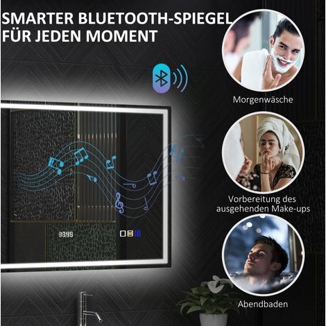 Miroir de salle de bain LED 80x60 cm avec éclairage réglable, Bluetooth, horloge, fonction mémoire et anti-buée, cadre argenté (1/5)