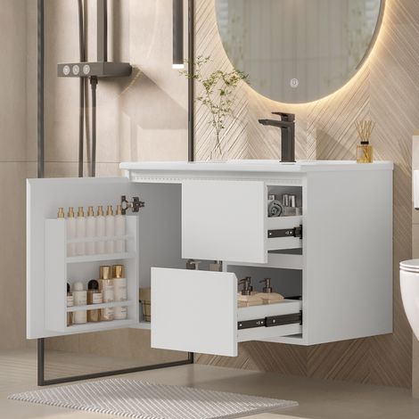 Meuble salle de bain mural 76x46x50cm blanc,éclairage radar LED,lavabo intégré 2 tiroirs,rails coulissants silencieux (1/5)