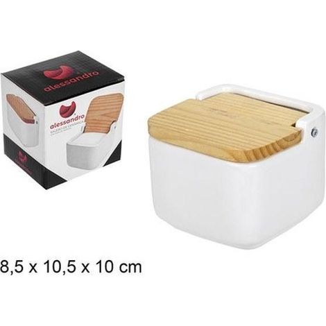 salero ceramica blanca con tapa madera abatible 8,5x10,5x10 cms alessandro