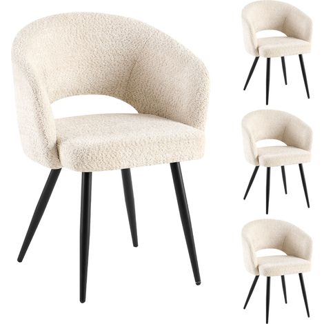 M&S – Lot de 4 chaises repas en tissu bouclette écru – Assise rembourrée – Piétement métal noir – Dimensions 58x53x81 cm