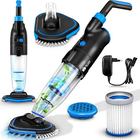 Tillvex – Aspirateur de piscine sans fil jusqu'à 25 m³ – Système à 2 vitesses – Double filtration – Autonomie 60 min – Tête d'aspiration extra-large