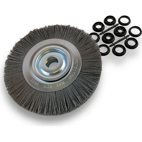Brosse circulaire NYLON Abrasif  Ø 250 mm  Epaisseur 2 rangs  Carbure de silicium Grain 240  Alésage 32 mm + réducteur bague 25/22/20/16/12 mm  Touret meuleuse ponceuse  Kibros 231252KR240 (1/5)
