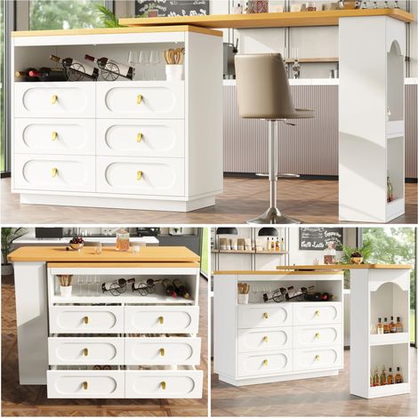 Îlot de cuisine,rotation 360°,138-203×39×90cm,Table de bar extensible avec 6 tiroirs & étagère snacks,Blanc