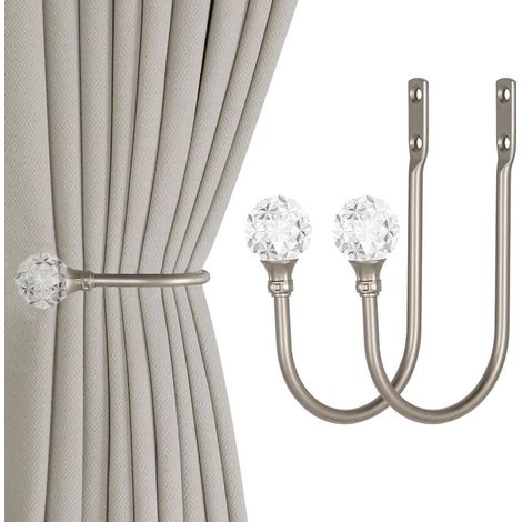 Lot de 2 embrasses de rideaux robustes en métal en forme de U avec boules de cristal transparentes (2, argenté)