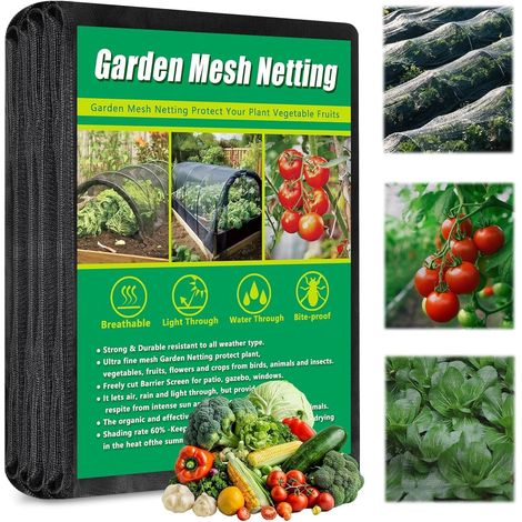 Rete anti-insetti da giardino, 2 m x 10 m, nera, in nano PPT a maglia spessa, per la protezione di ortaggi, frutta, fiori, colture in serra, contro uccelli, insetti e parassiti. (1/5)
