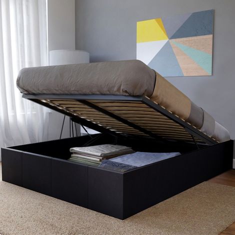 Lit coffre TORINO 140x190 – Structure métallique – Revêtement cuir PU noir – Sommier 2x13 lattes en bois – Dimensions coffre 191x24x141 cm – Weber Industries (1/7)