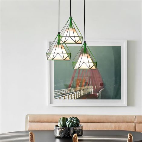 3 Pezzi Lampada a Sospensione Moderno Lampadario da Soffitto Creativo Plafoniera Gabbi di Diamanti Verde