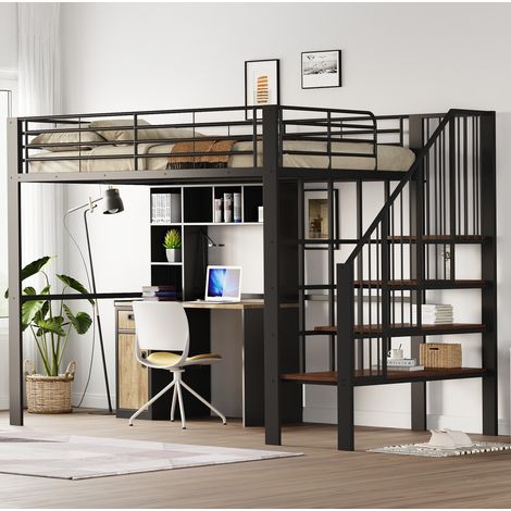 Lit mezzanine 140/200 cm noir en métal et bois avec escalier et rangement sous le lit (1/5)