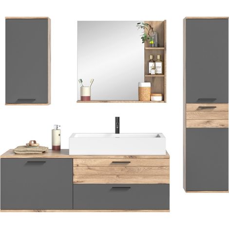 Badezimmer-Set: Waschtischunterschrank + Hochschrank + halbhoher Schrank + Spiegel – Anthrazitgrau und helles Eichenholz –