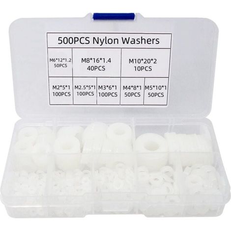 500 pièces rondelle plate en nylon, rondelle plate isolée joint rond joint d'étanchéité kit d'assortiment de tuyaux-M2/M2.5/M3/M4/M5/M6/M8/M10 (B-Blanc) (1/4)