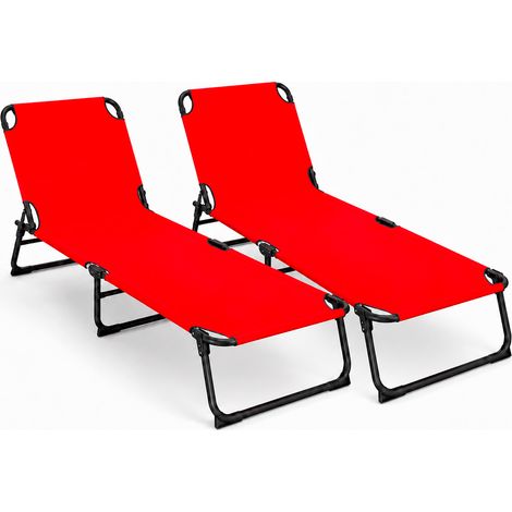 Set Di 2 Lettini Prendisole Pieghevoli Da Giardino Con Schienale Reclinabile Regolabile Telaio In Metallo Nero Relax Per Mare E Piscina Outdoor 187 x 53 x 24 Cm Rosso