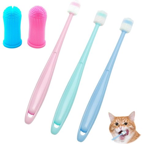 5 Pièces - Brosse à Dent Chat - Brosse à Dent 360 Degrés - Nettoyage Plaque et Tartre - Silicone Souple pour Chien et Chat - Rose Bleu Vert - 2x15x10cm (1/5)