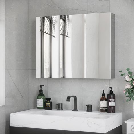 Meuble de salle de bain suspendu moderne en acier inoxydable argent avec 3 portes miroir et 3 étagères, 70 x 12 x 55 cm (1/5)