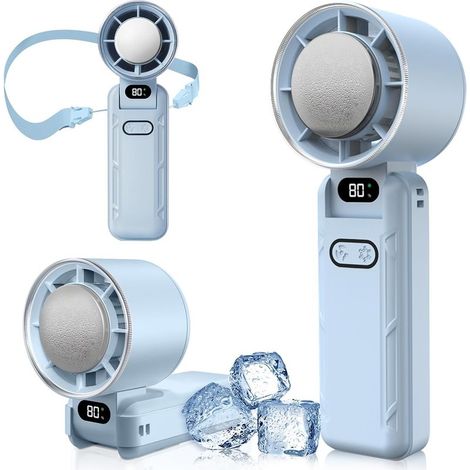 Mini-Taschenventilator, 5 Geschwindigkeitsstufen, Kühlfunktion, 3600 mAh Akku, USB-aufladbar, LED-Anzeige, für Camping, Outdoor-Aktivitäten, Reisen und Strandurlaub (Hellblau) (1/5)