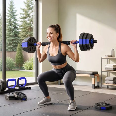 Ensemble d'haltères musculation 6-en-1 haltère réglable 25 kg kettlebell, barre de musculation support pour pompes bleu (1/5)