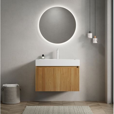 Mueble de baño suspendido (70x46x50 cm), lavabo integrado de resina, con cajón, madera natural y blanco (1/5)